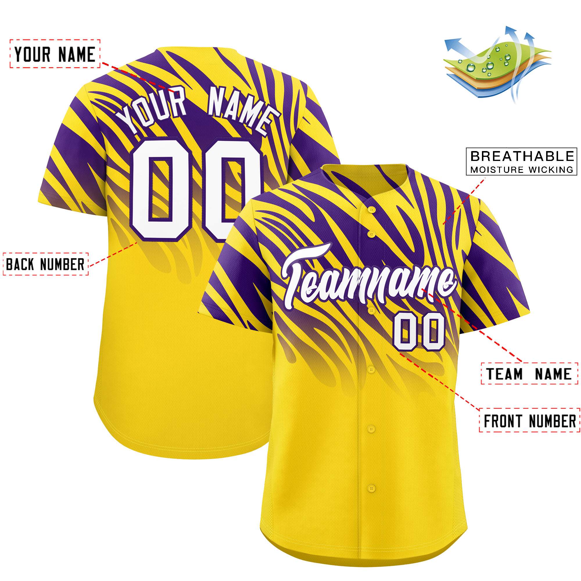 Custom Purple Gold Tiger Stripe Gradient Animal Print Personalized Team Shirt Baseball Jersey