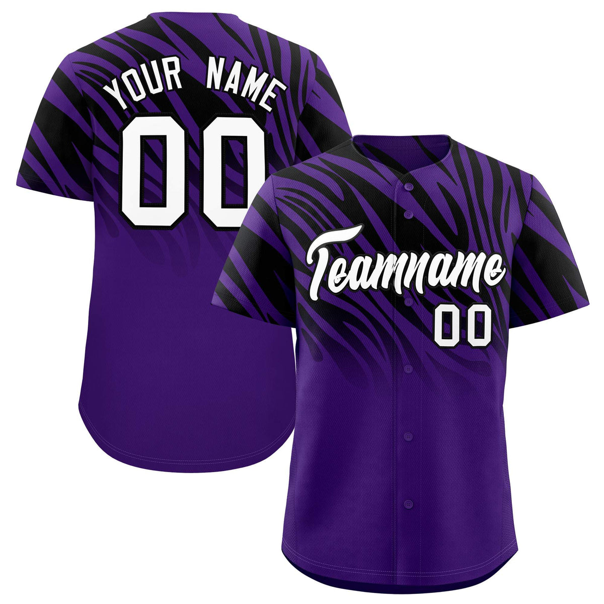 Custom Black Purple Tiger Stripe Gradient Animal Print Personalized Team Shirt Baseball Jersey