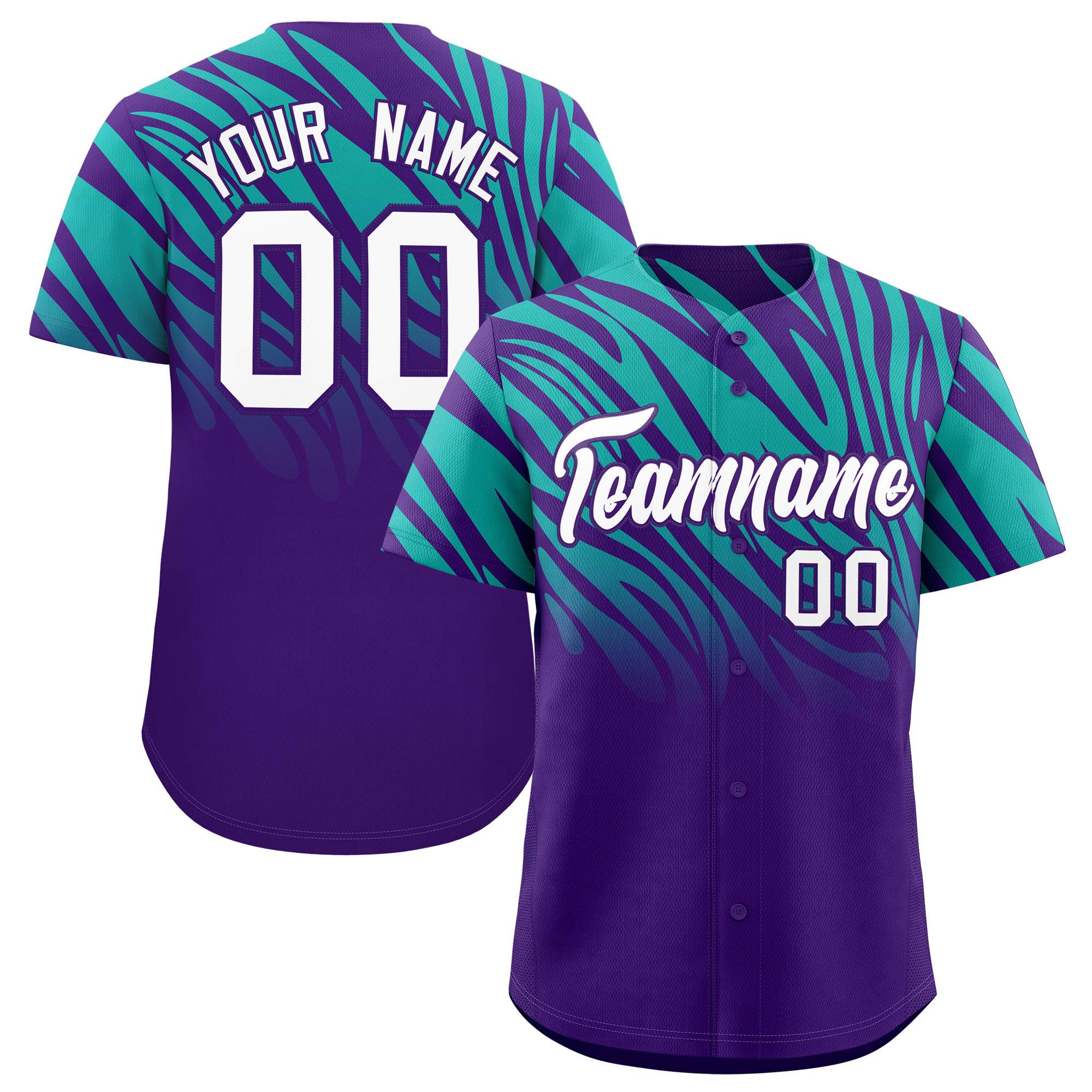 Custom Purple Aqua Tiger Stripe Gradient Animal Print Personalized Team Shirt Baseball Jersey