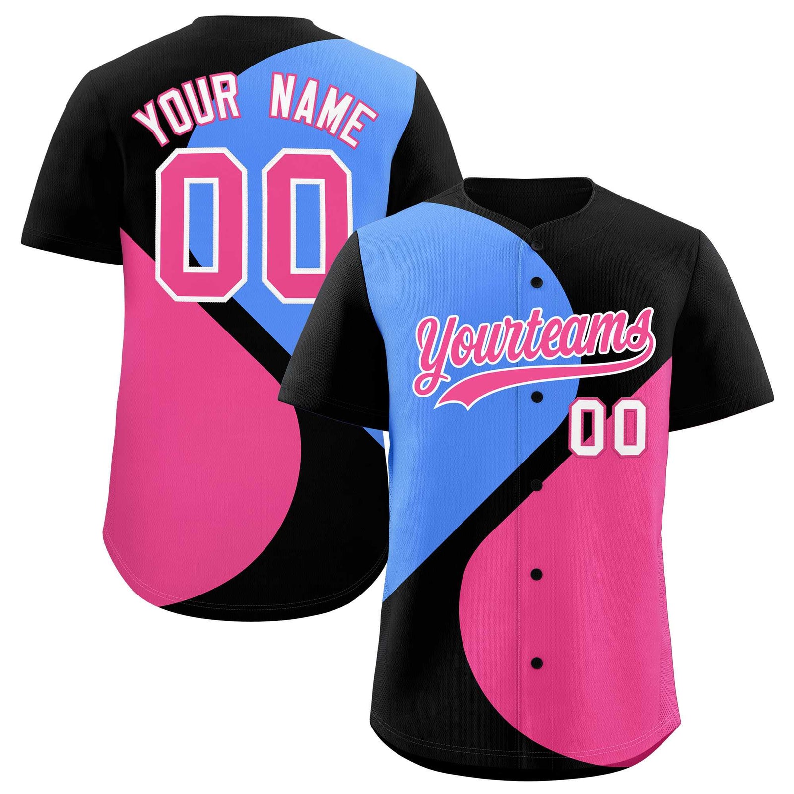 Custom Black Powder Blue-Pink Color Block Personalized Half Heart Pattern Authentic Baseball Jersey