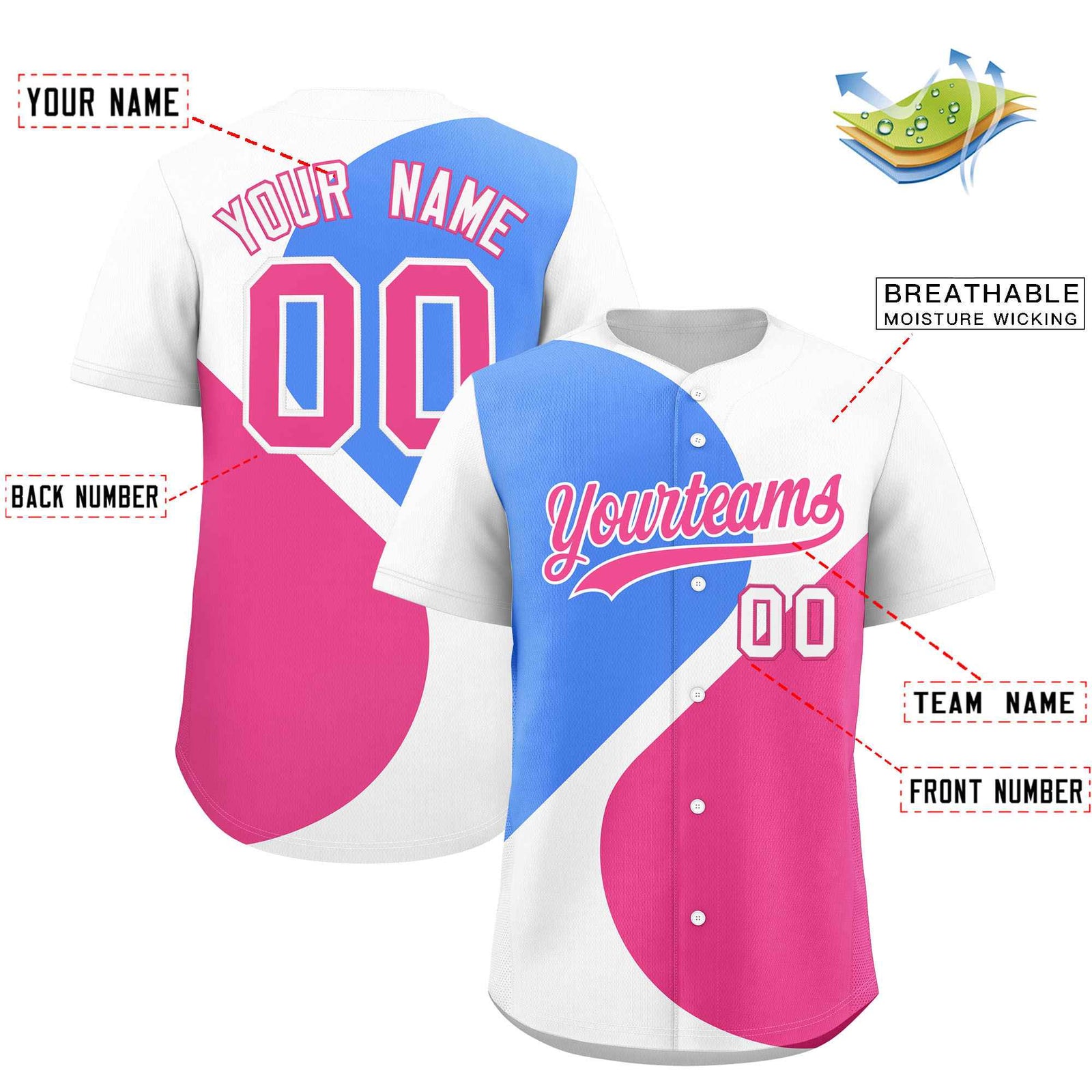 Custom White Powder Blue-Pink Color Block Personalized Half Heart Pattern Authentic Baseball Jersey