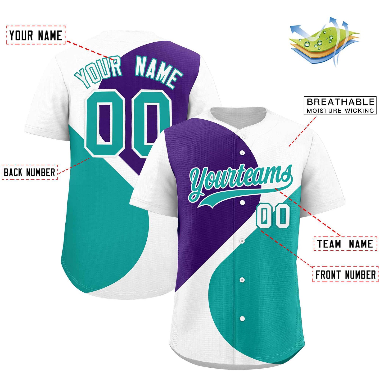 Custom White Purple-Aqua Color Block Personalized Half Heart Pattern Authentic Baseball Jersey