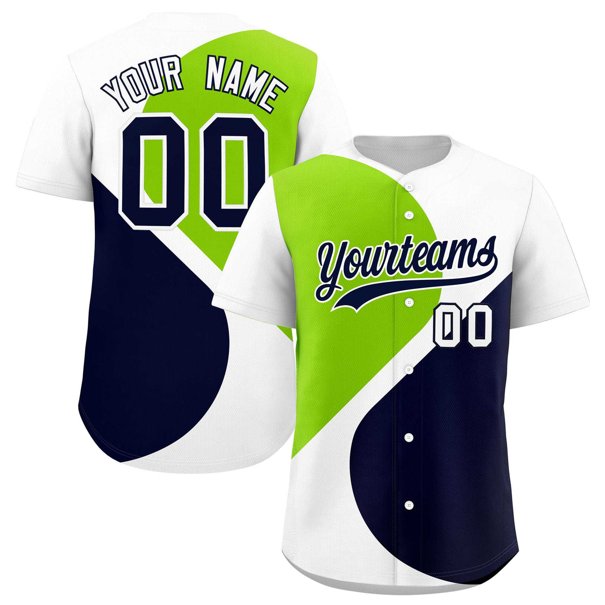 Custom White Neon Green-Navy Color Block Personalized Half Heart Pattern Authentic Baseball Jersey