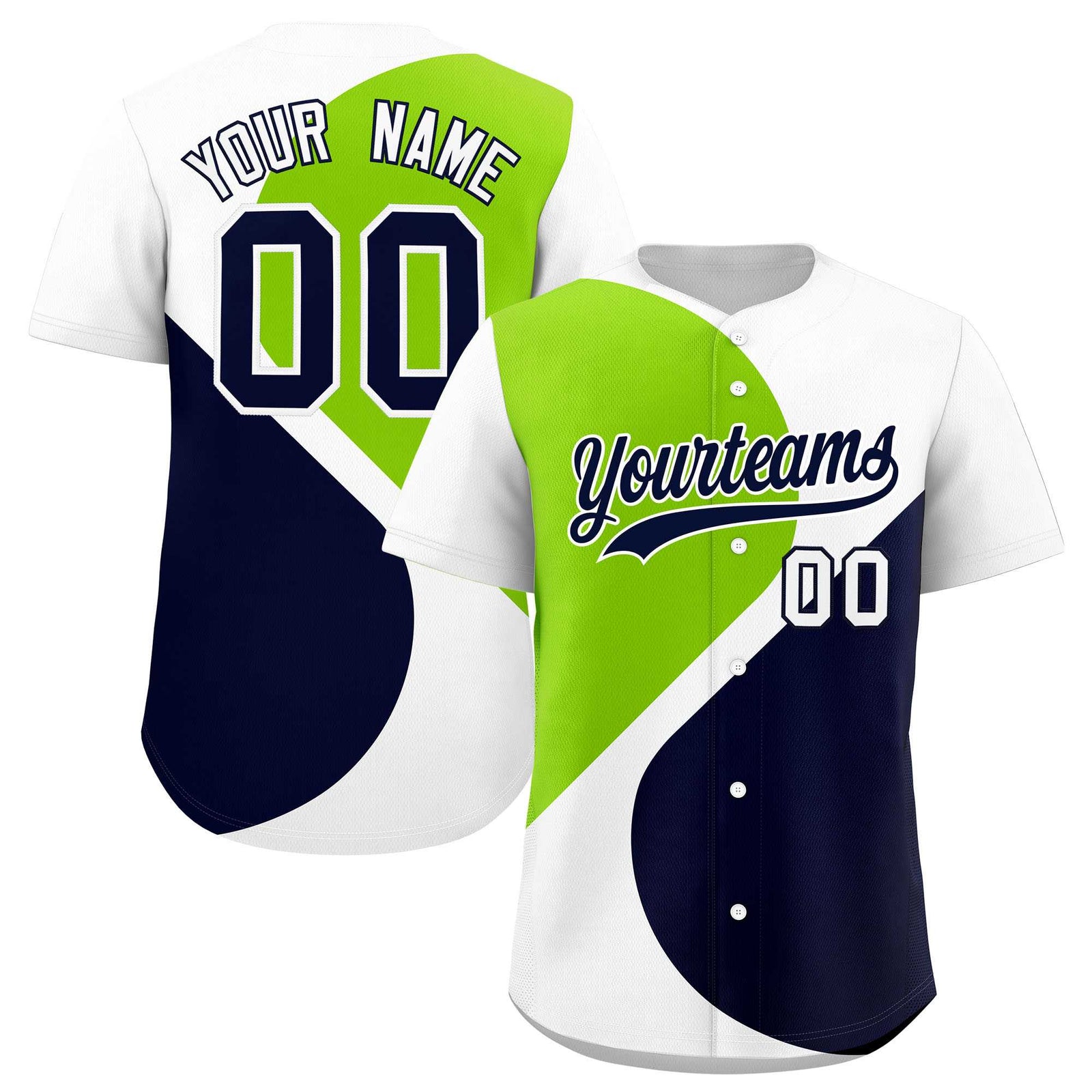 Custom White Neon Green-Navy Color Block Personalized Half Heart Pattern Authentic Baseball Jersey