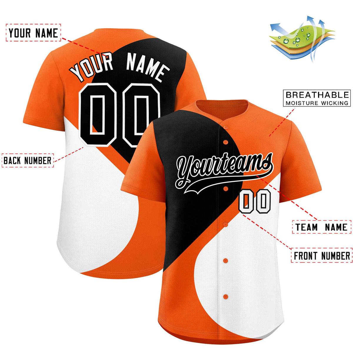 Custom Orange Black-White Color Block Personalized Half Heart Pattern Authentic Baseball Jersey