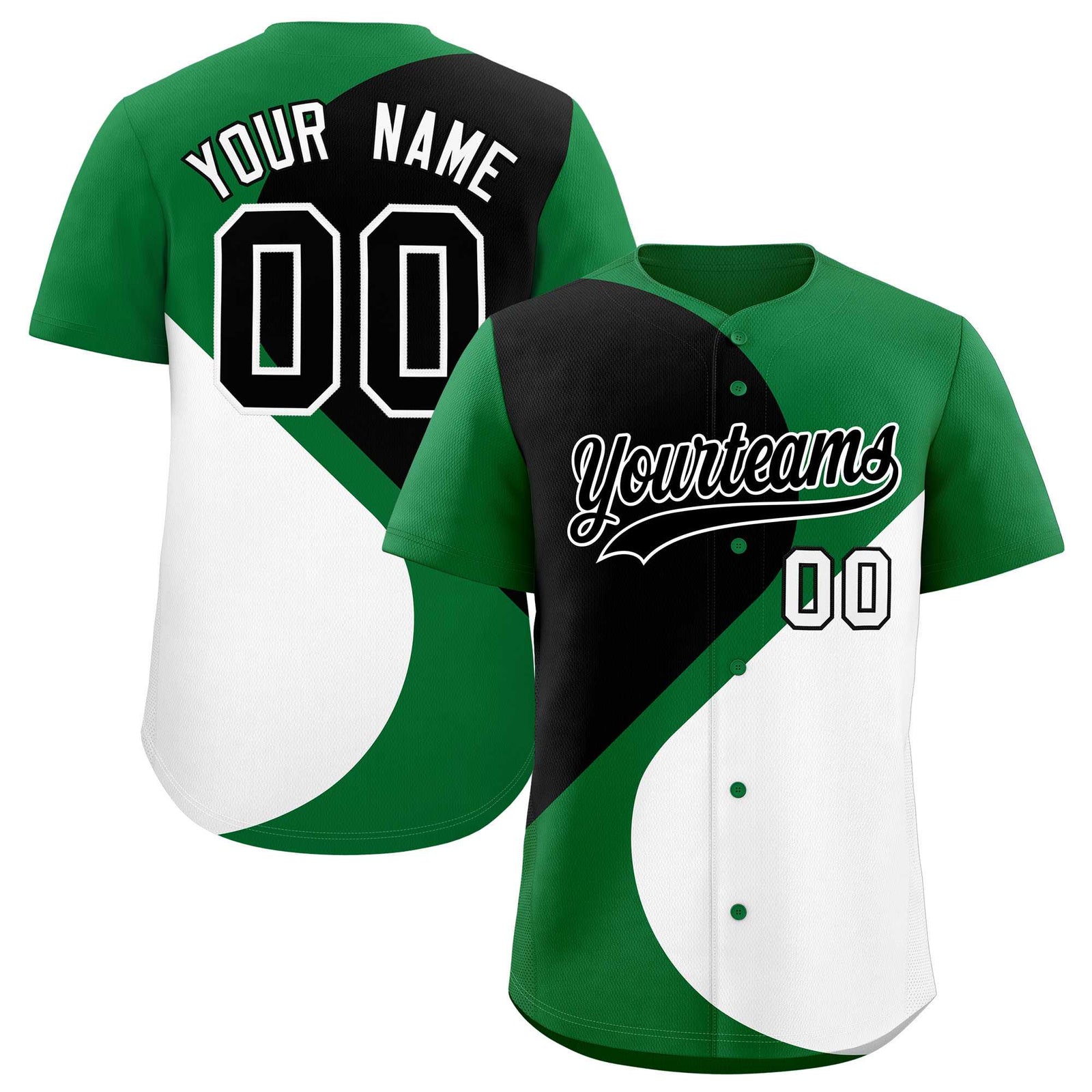 Custom Kelly Green Black-White Color Block Personalized Half Heart Pattern Authentic Baseball Jersey