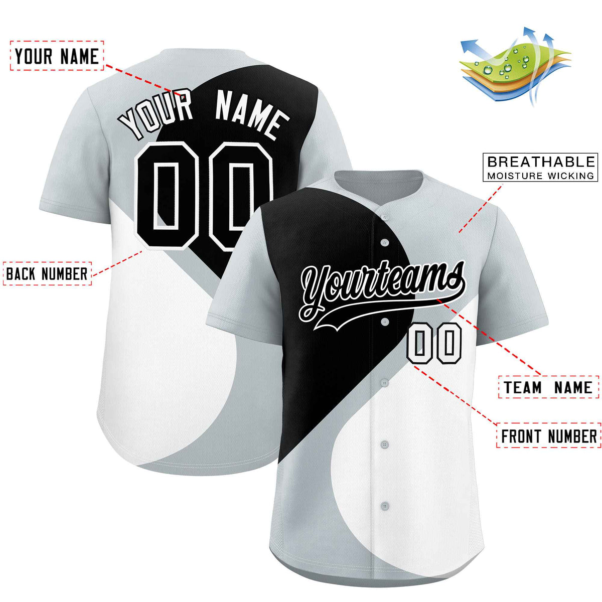 Custom Silver Black-White Color Block Personalized Half Heart Pattern Authentic Baseball Jersey