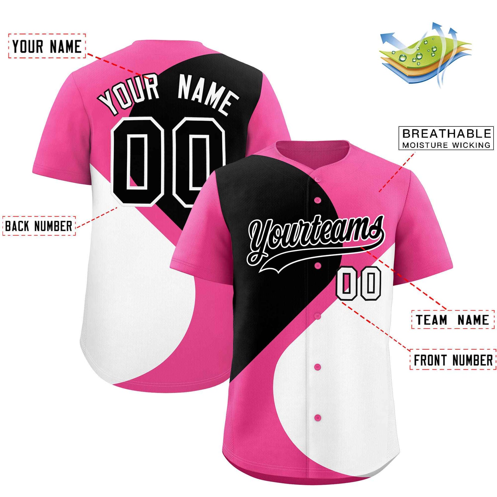 Custom Pink Black-White Color Block Personalized Half Heart Pattern Authentic Baseball Jersey