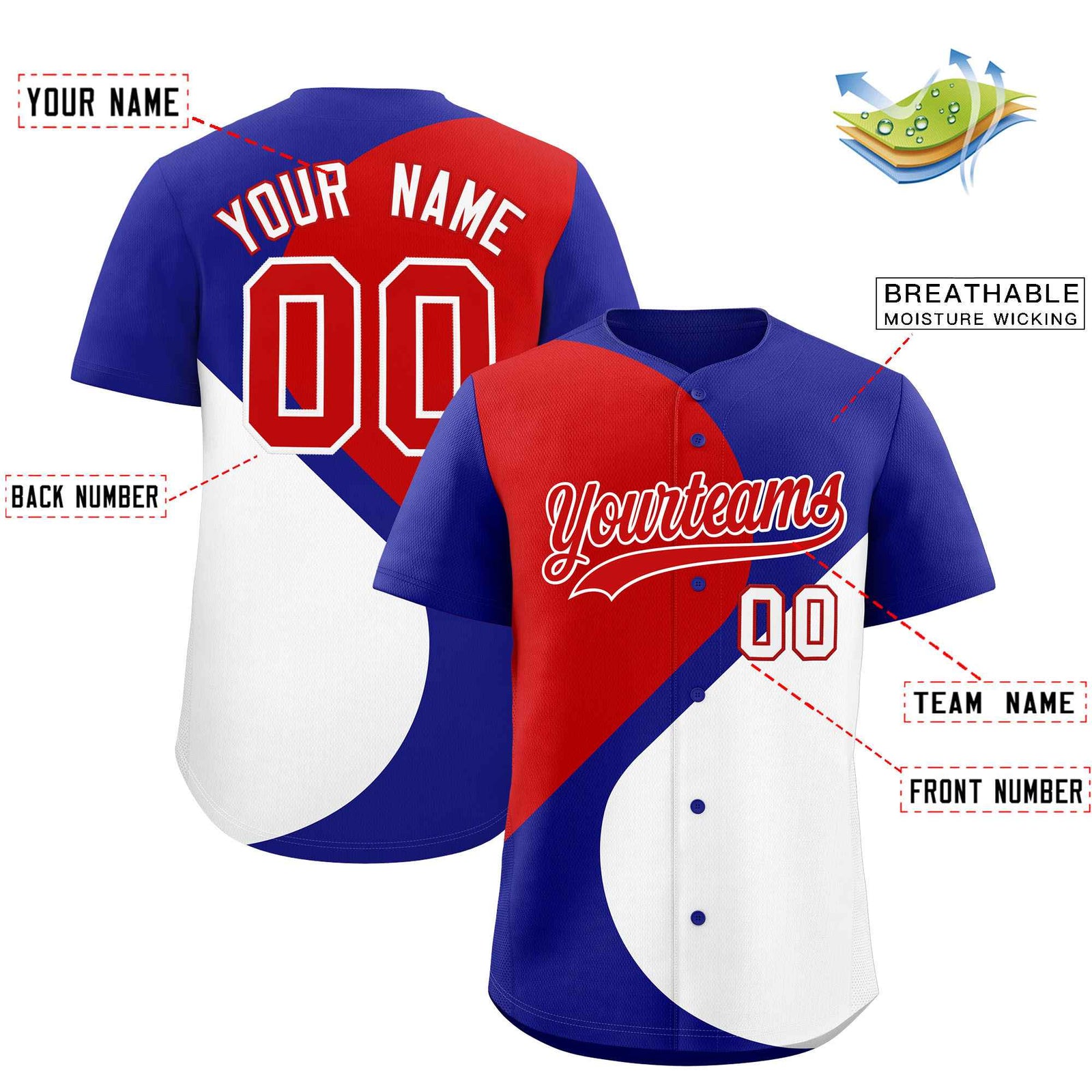 Custom Royal Red-White Color Block Personalized Half Heart Pattern Authentic Baseball Jersey