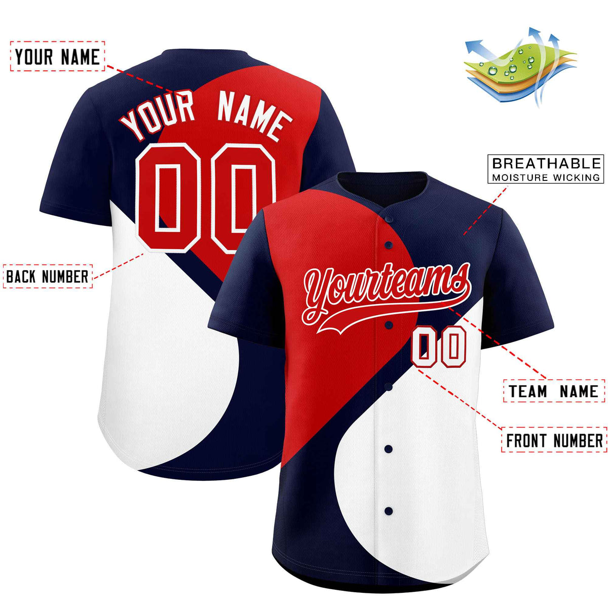 Custom Navy Red-White Color Block Personalized Half Heart Pattern Authentic Baseball Jersey