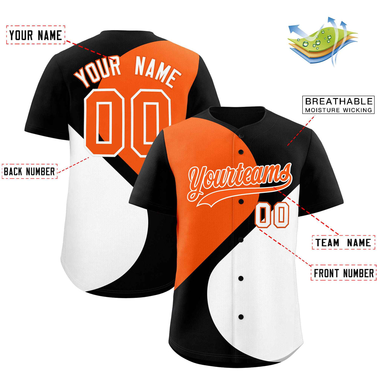 Custom Black Orange-White Color Block Personalized Half Heart Pattern Authentic Baseball Jersey