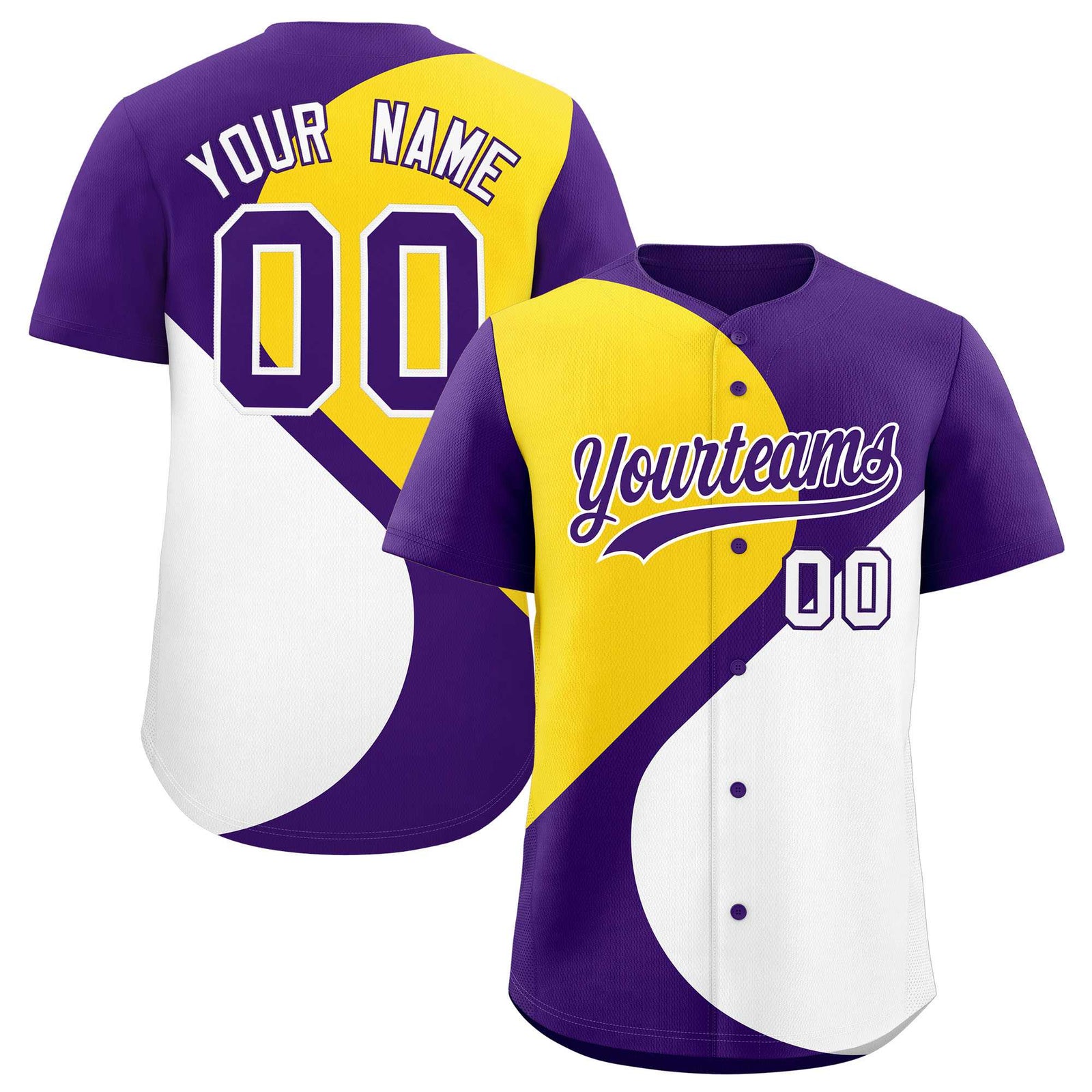 Custom Purple Gold-White Color Block Personalized Half Heart Pattern Authentic Baseball Jersey
