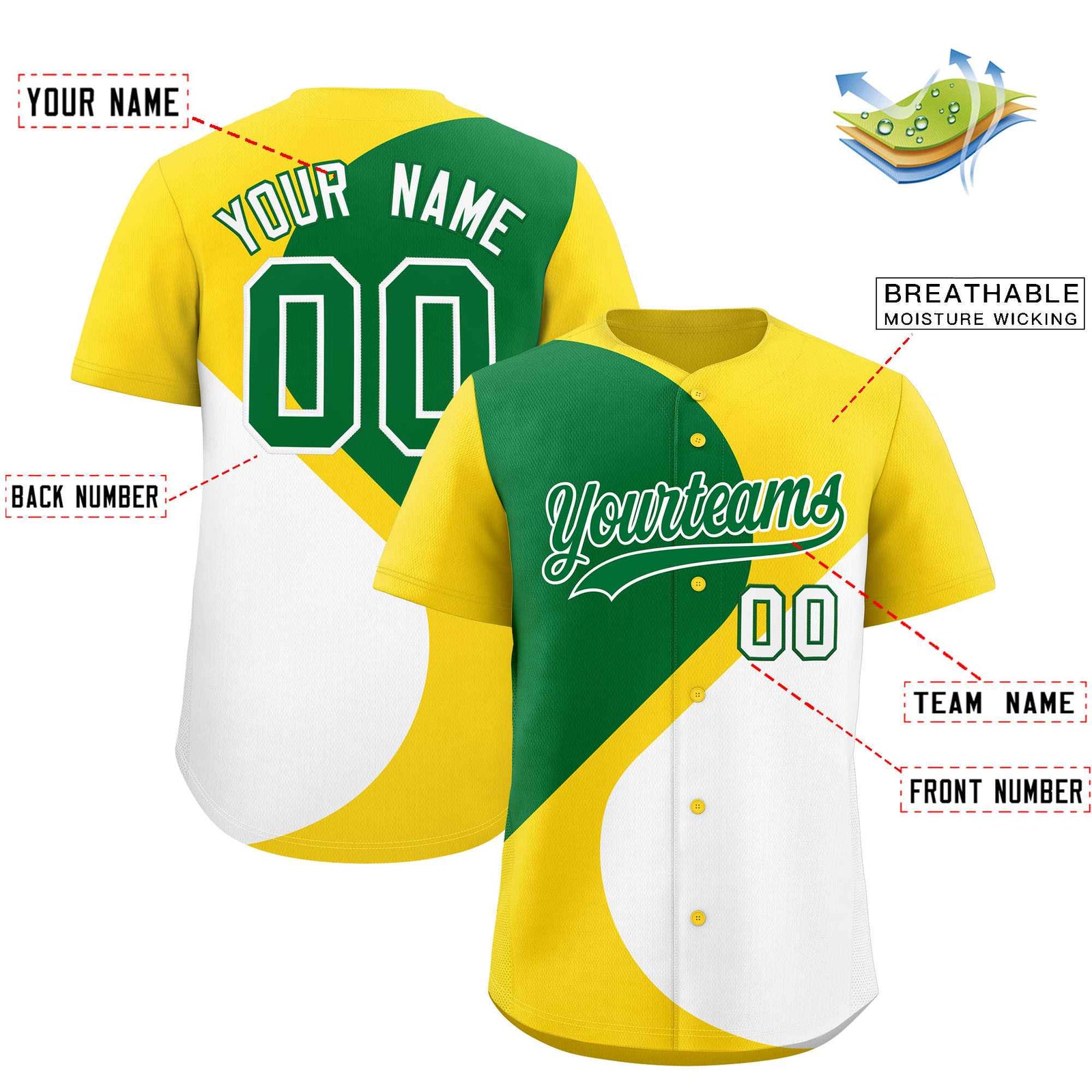 Custom Gold Kelly Green-White Color Block Personalized Half Heart Pattern Authentic Baseball Jersey