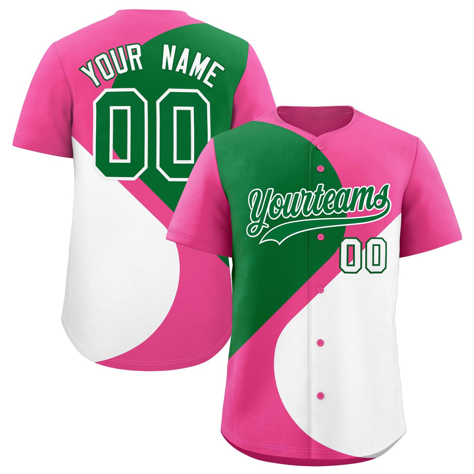 Custom Pink Kelly Green-White Color Block Personalized Half Heart Pattern Authentic Baseball Jersey