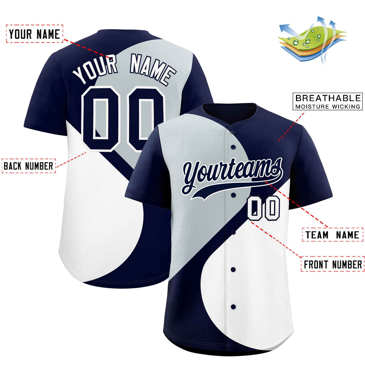 Custom Navy Silver-White Color Block Personalized Half Heart Pattern Authentic Baseball Jersey