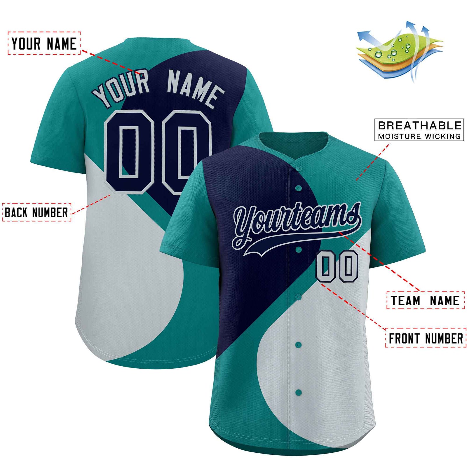 Custom Aqua Navy-Silver Color Block Personalized Half Heart Pattern Authentic Baseball Jersey