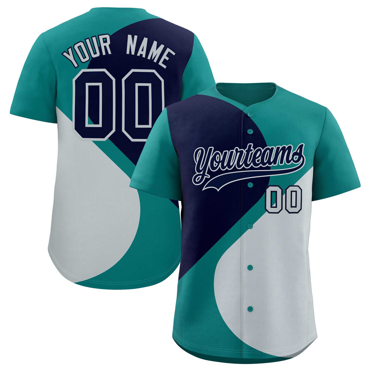Custom Aqua Navy-Silver Color Block Personalized Half Heart Pattern Authentic Baseball Jersey
