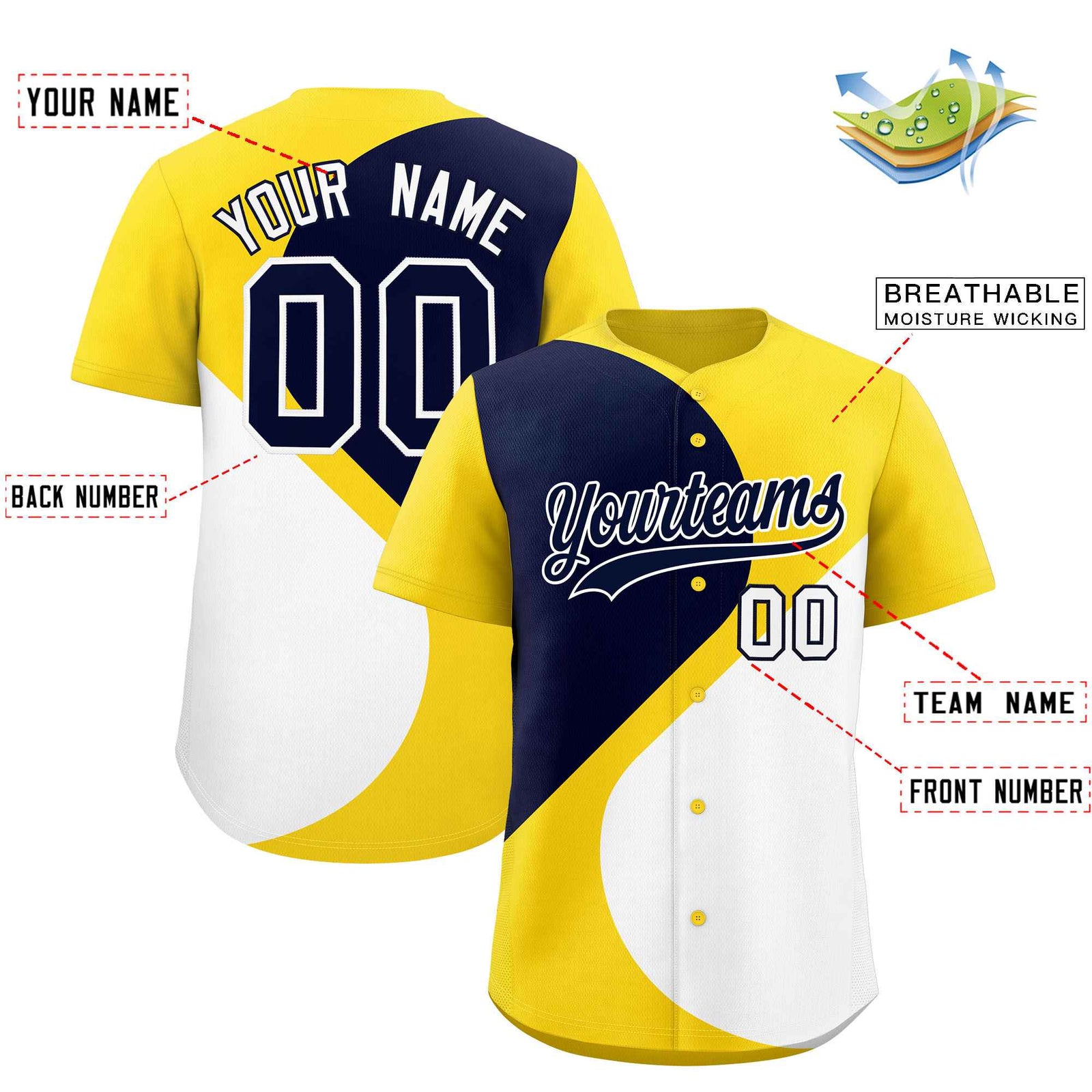 Custom Gold Navy-White Color Block Personalized Half Heart Pattern Authentic Baseball Jersey