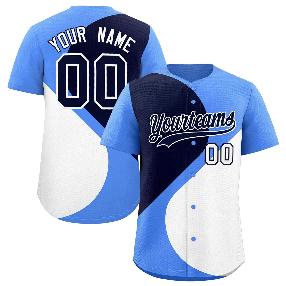 Custom Powder Blue Navy-White Color Block Personalized Half Heart Pattern Authentic Baseball Jersey