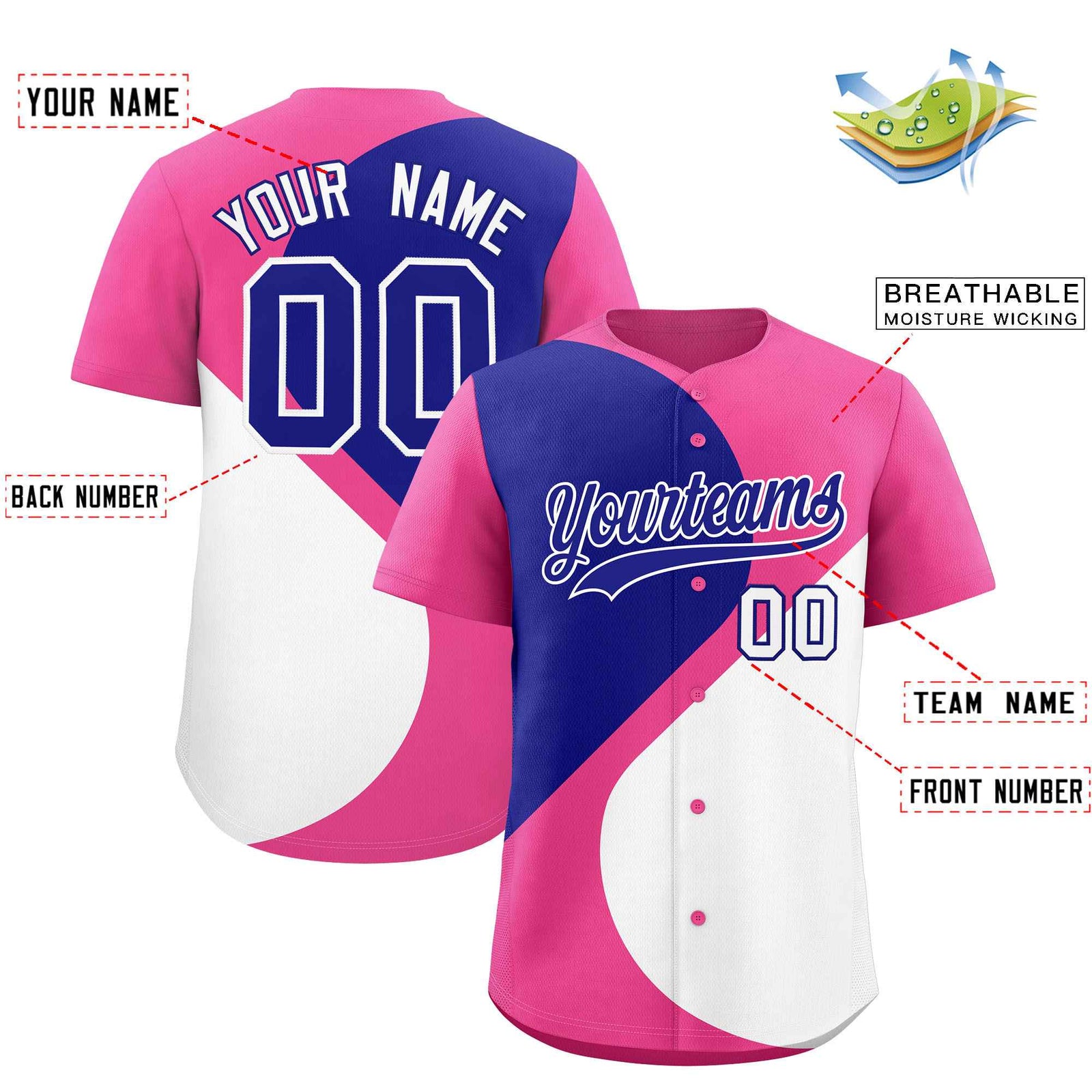 Custom Pink Royal-White Color Block Personalized Half Heart Pattern Authentic Baseball Jersey