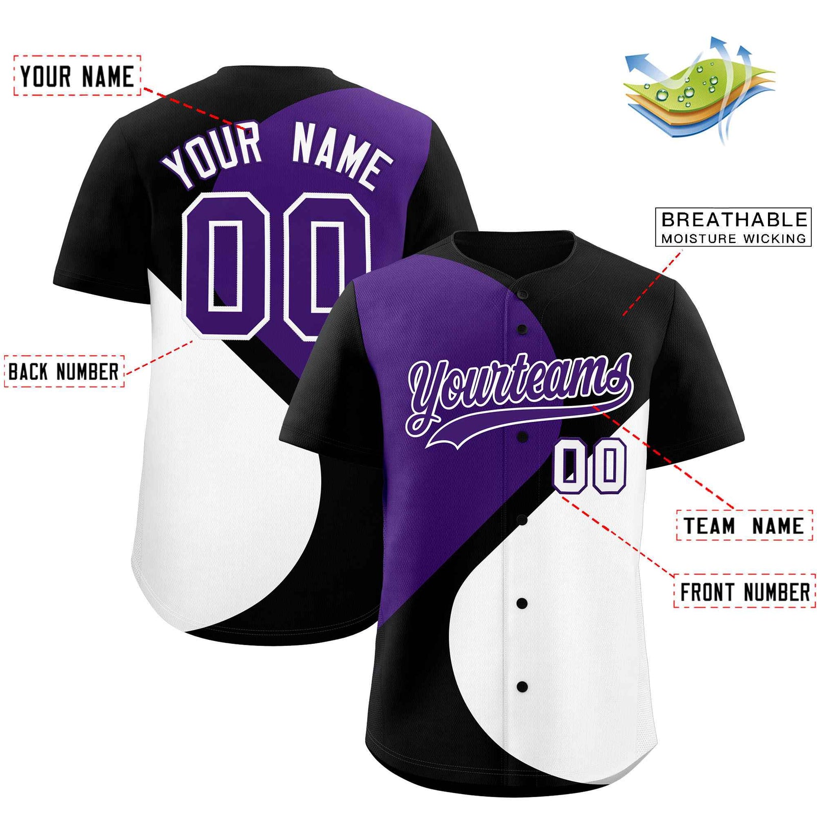Custom Black Purple-White Color Block Personalized Half Heart Pattern Authentic Baseball Jersey