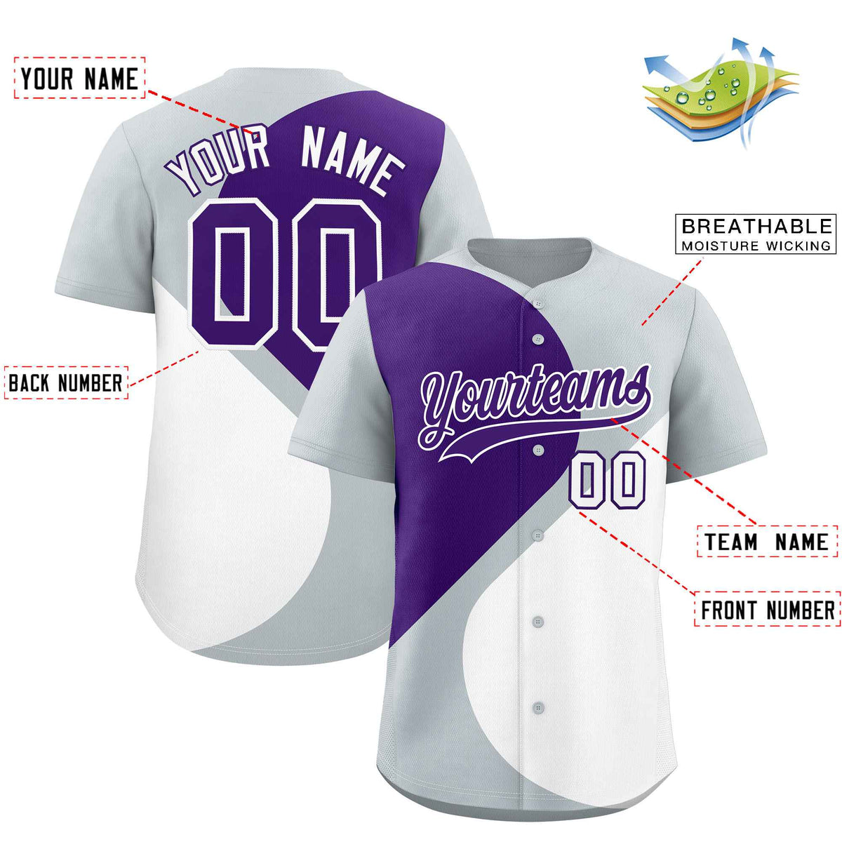 Custom Silver Purple-White Color Block Personalized Half Heart Pattern Authentic Baseball Jersey