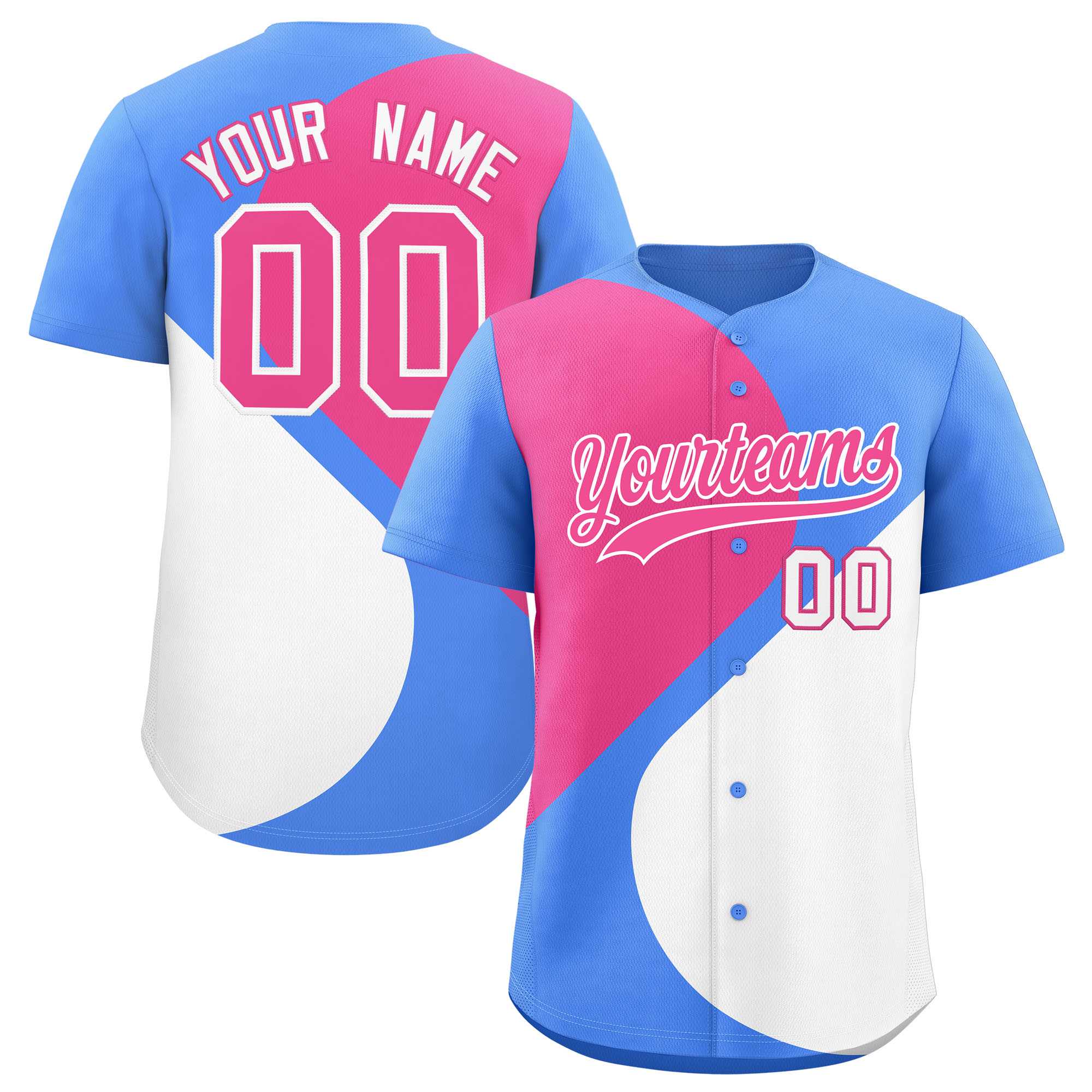 Custom Powder Blue Pink-White Color Block Personalized Half Heart Pattern Authentic Baseball Jersey