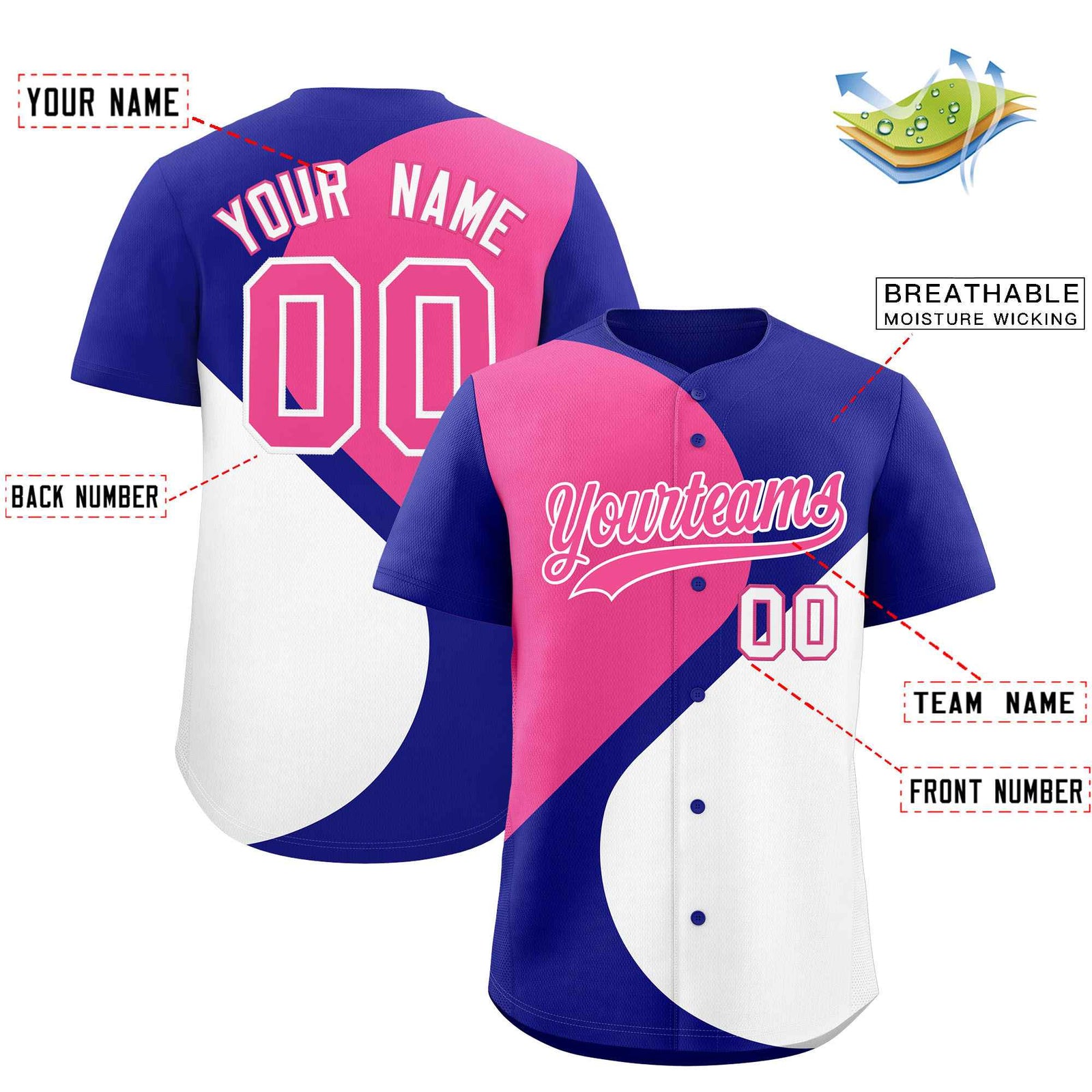 Custom Royal Pink-White Color Block Personalized Half Heart Pattern Authentic Baseball Jersey