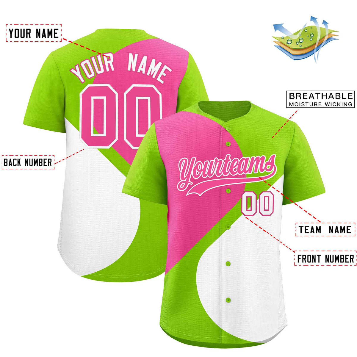 Custom Neon Green Pink-White Color Block Personalized Half Heart Pattern Authentic Baseball Jersey