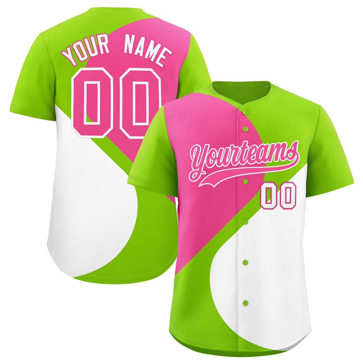 Custom Neon Green Pink-White Color Block Personalized Half Heart Pattern Authentic Baseball Jersey