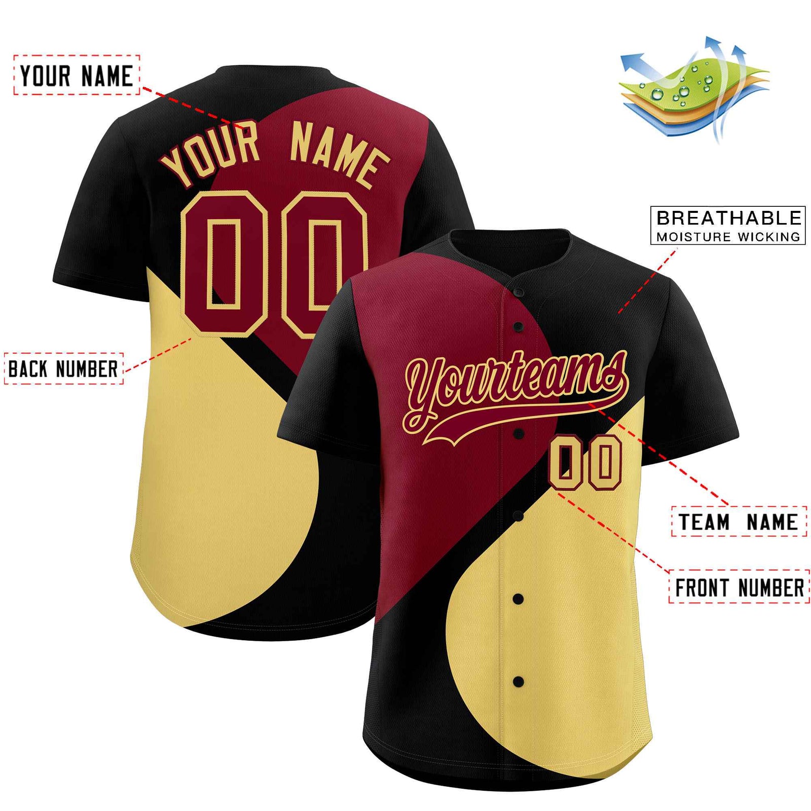Custom Black Crimson-Khaki Color Block Personalized Half Heart Pattern Authentic Baseball Jersey