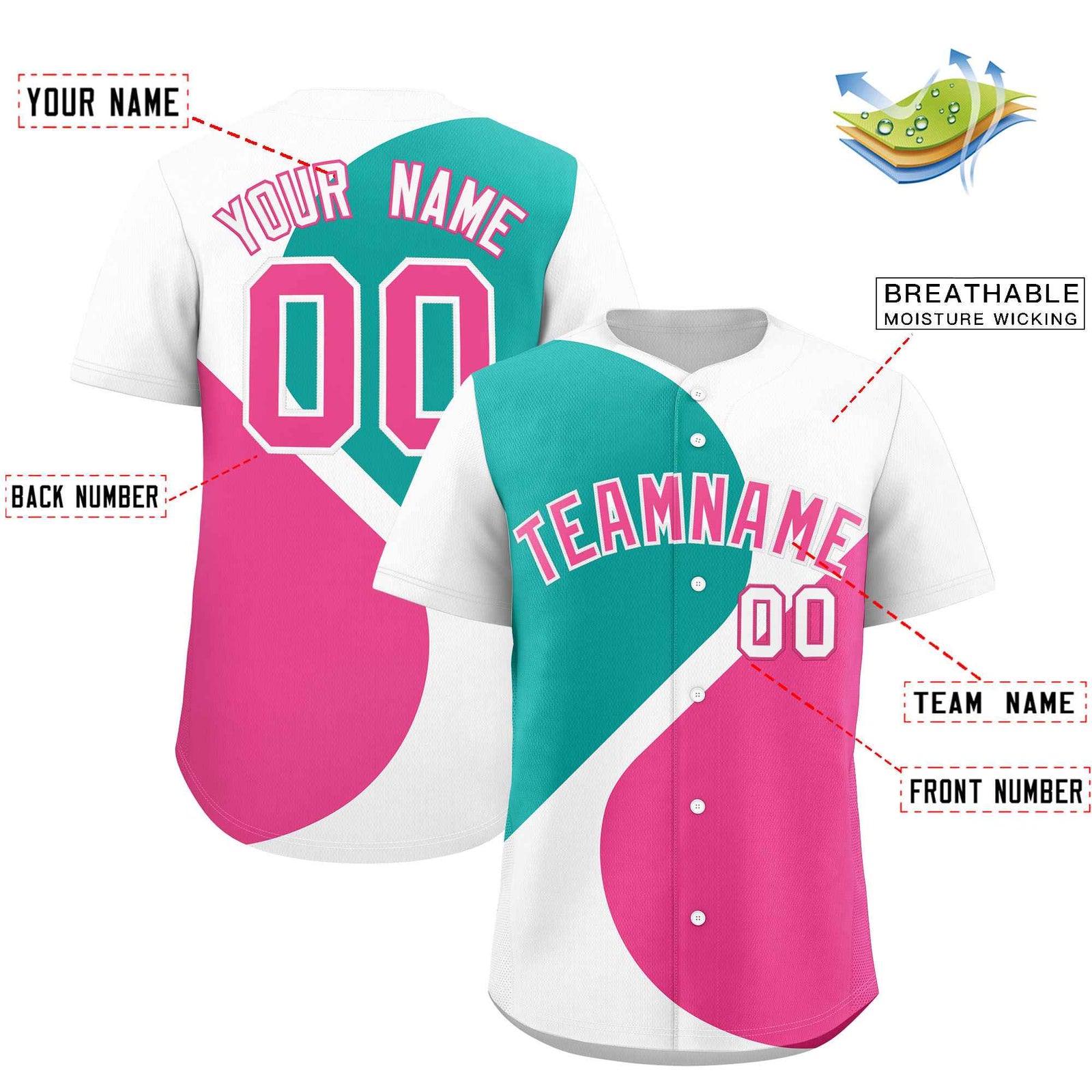 Custom White Aqua-Pink Color Block Personalized Half Heart Pattern Authentic Baseball Jersey