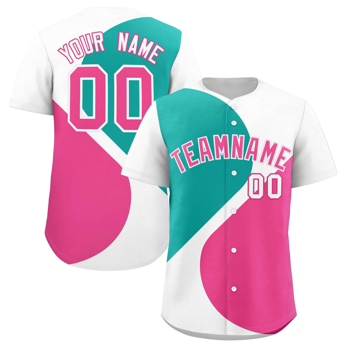 Custom White Aqua-Pink Color Block Personalized Half Heart Pattern Authentic Baseball Jersey
