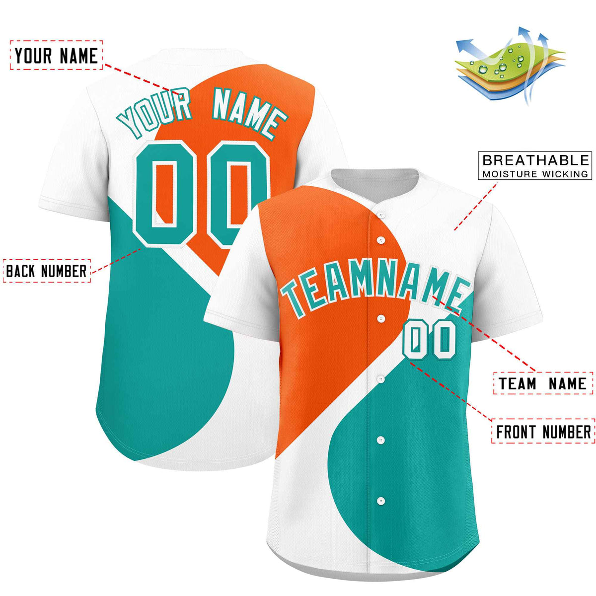 Custom White Orange-Aqua Color Block Personalized Half Heart Pattern Authentic Baseball Jersey