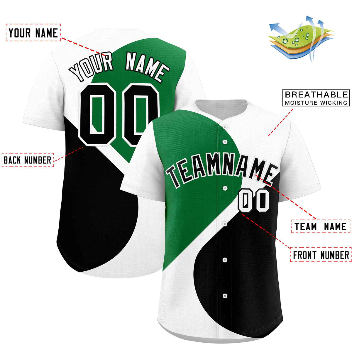 Custom White Kelly Green-Black Color Block Personalized Half Heart Pattern Authentic Baseball Jersey