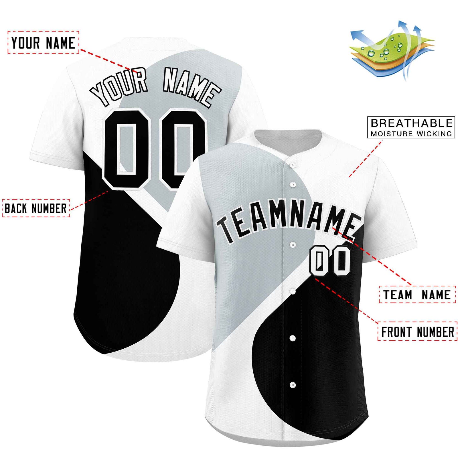 Custom White Silver-Black Color Block Personalized Half Heart Pattern Authentic Baseball Jersey
