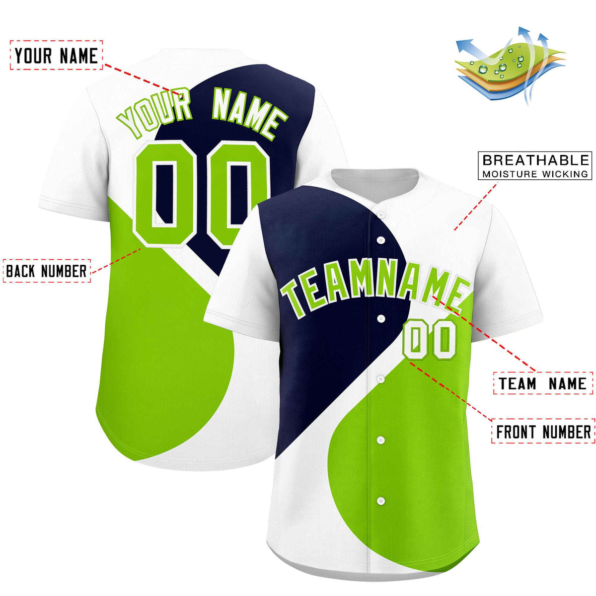 Custom White Navy-Neon Green Color Block Personalized Half Heart Pattern Authentic Baseball Jersey