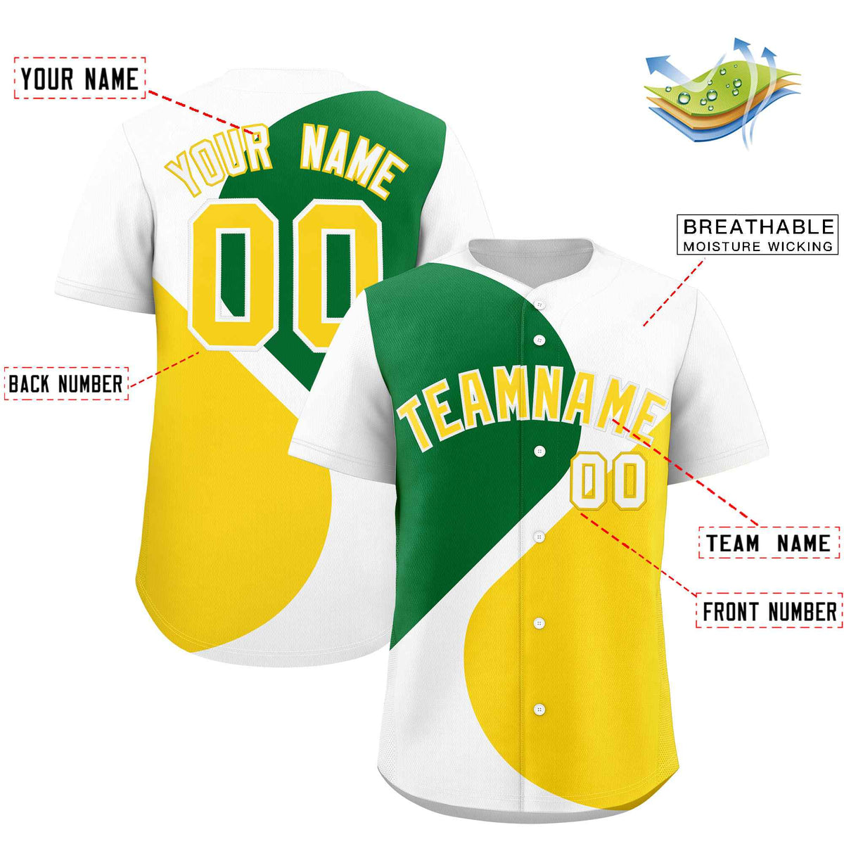 Custom White Kelly Green-Gold Color Block Personalized Half Heart Pattern Authentic Baseball Jersey