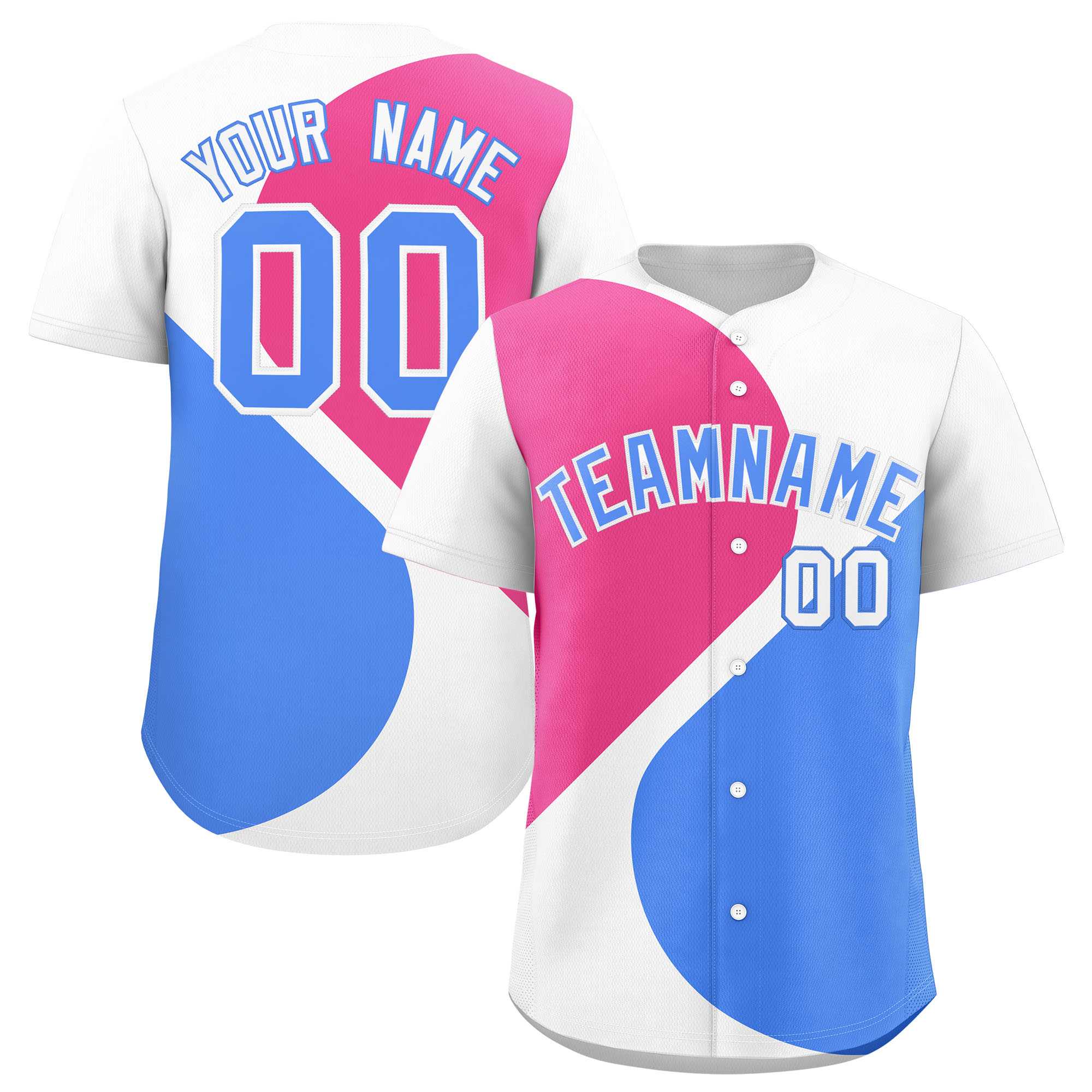 Custom White Pink-Powder Blue Color Block Personalized Half Heart Pattern Authentic Baseball Jersey