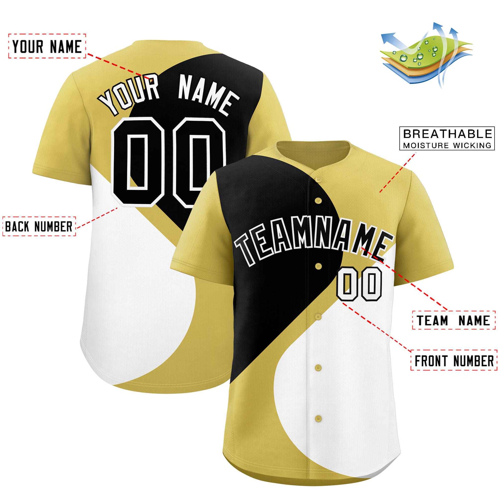 Custom Old Gold Black-White Color Block Personalized Half Heart Pattern Authentic Baseball Jersey