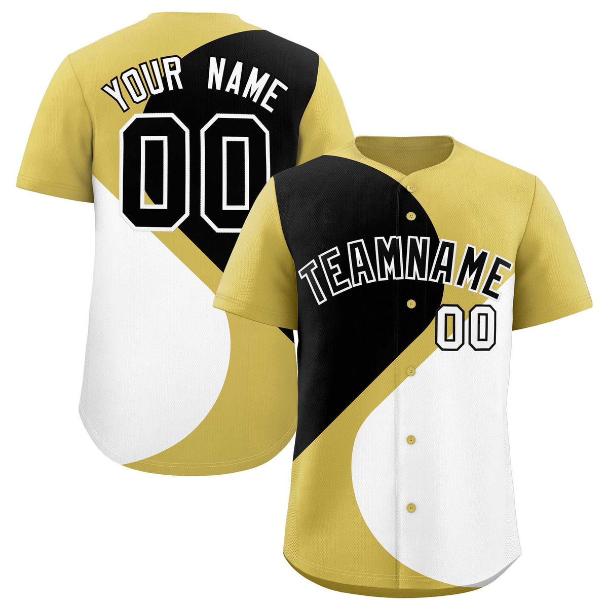 Custom Old Gold Black-White Color Block Personalized Half Heart Pattern Authentic Baseball Jersey