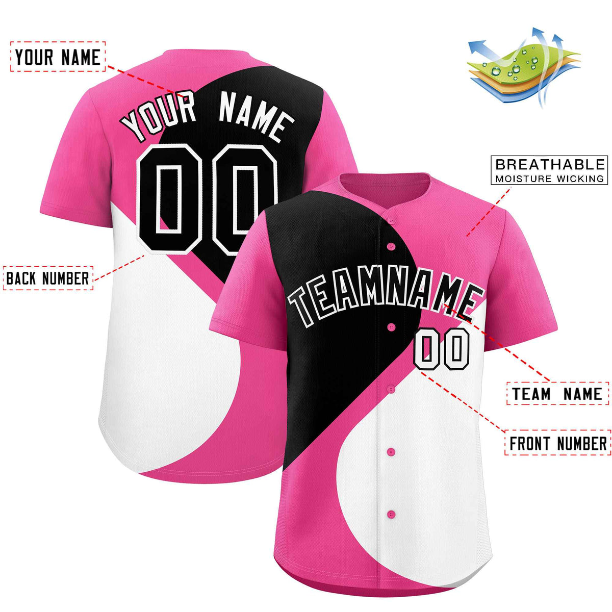 Custom Pink Black-White Color Block Personalized Half Heart Pattern Authentic Baseball Jersey