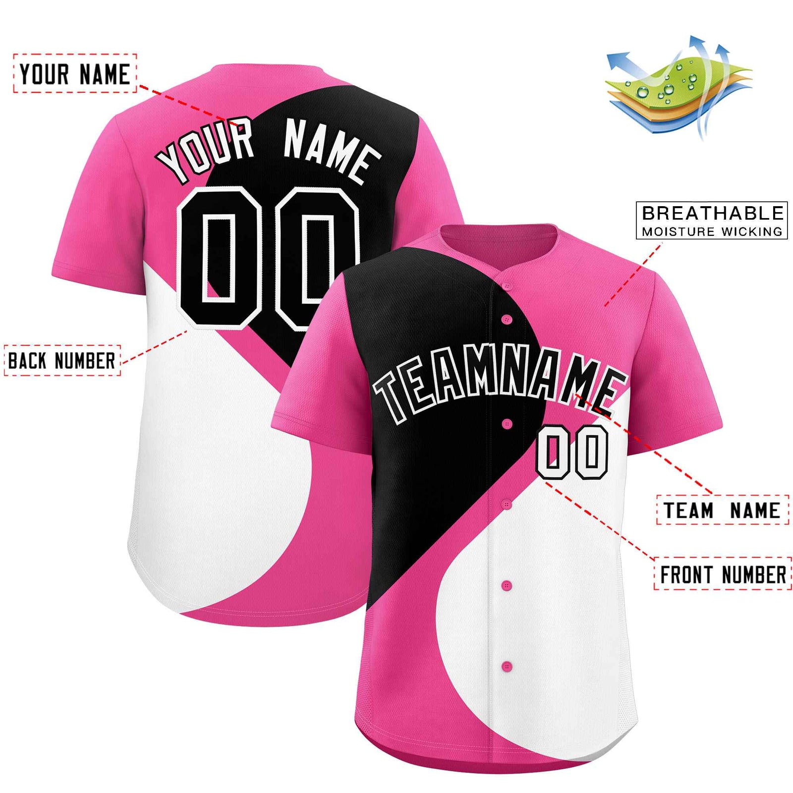 Custom Pink Black-White Color Block Personalized Half Heart Pattern Authentic Baseball Jersey