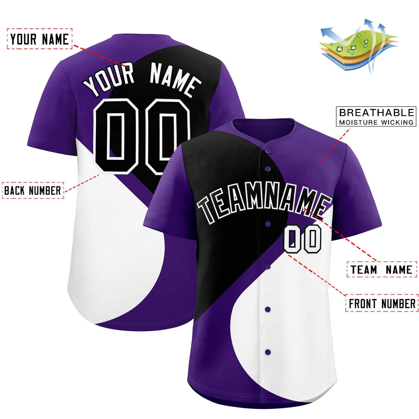 Custom Purple Black-White Color Block Personalized Half Heart Pattern Authentic Baseball Jersey
