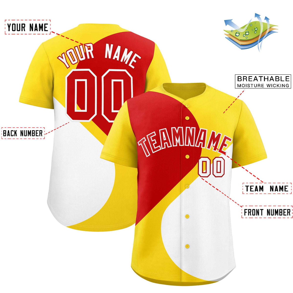 Custom Gold Red-White Color Block Personalized Half Heart Pattern Authentic Baseball Jersey