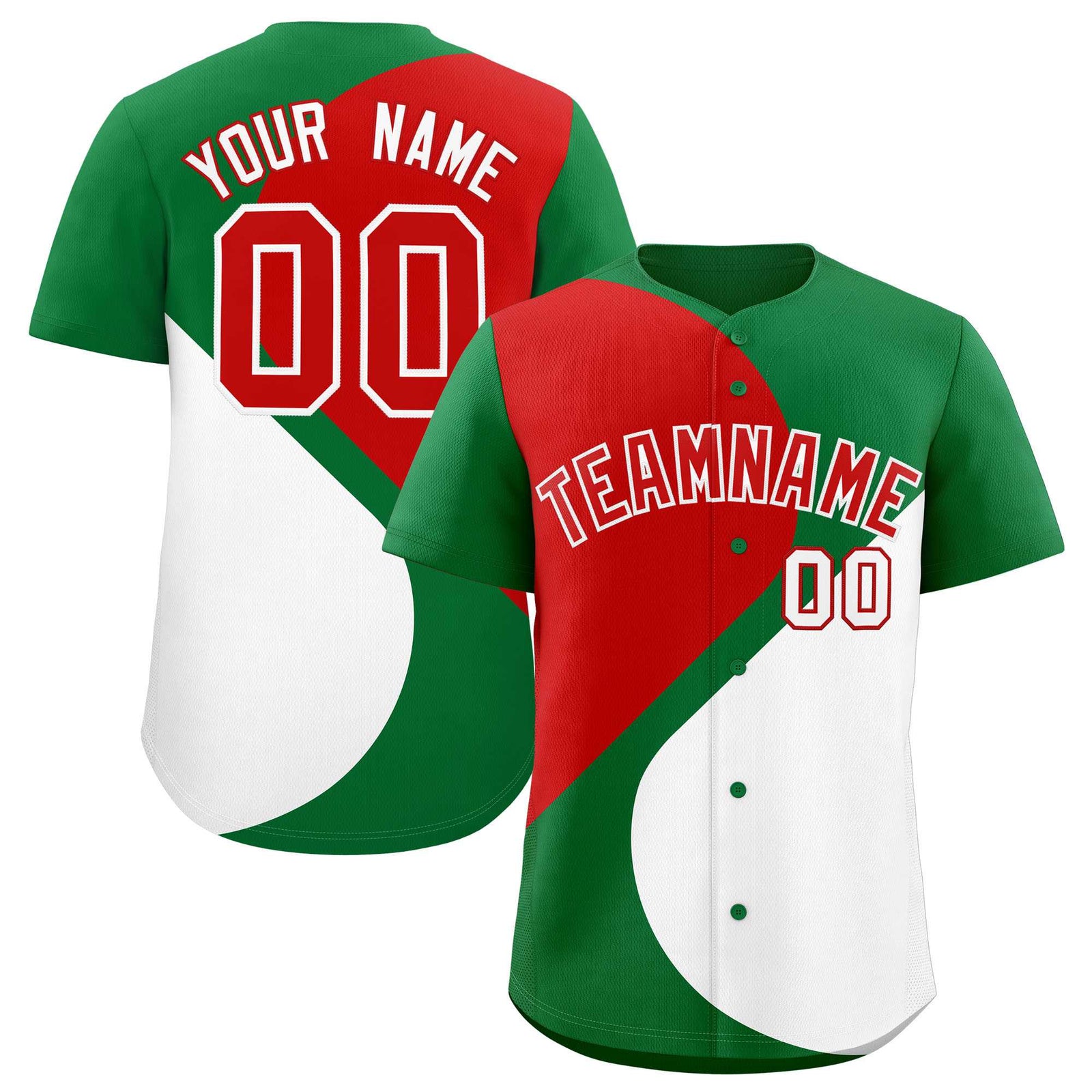 Custom Kelly Green Red-White Color Block Personalized Half Heart Pattern Authentic Baseball Jersey