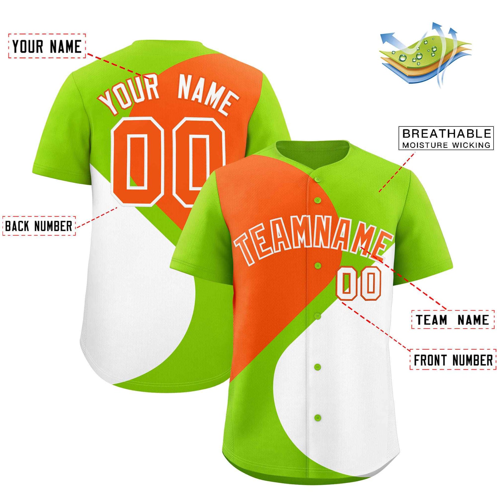Custom Neon Green Orange-White Color Block Personalized Half Heart Pattern Authentic Baseball Jersey