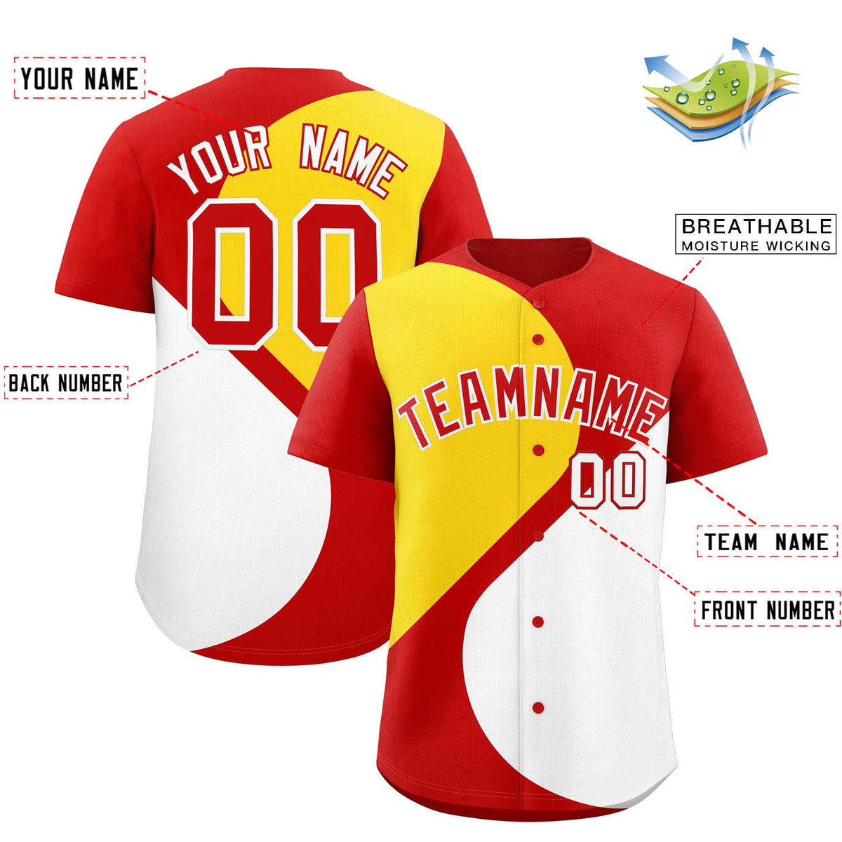 Custom Red Gold-White Color Block Personalized Half Heart Pattern Authentic Baseball Jersey