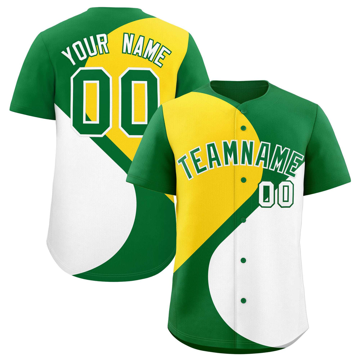 Custom Kelly Green Gold-White Color Block Personalized Half Heart Pattern Authentic Baseball Jersey