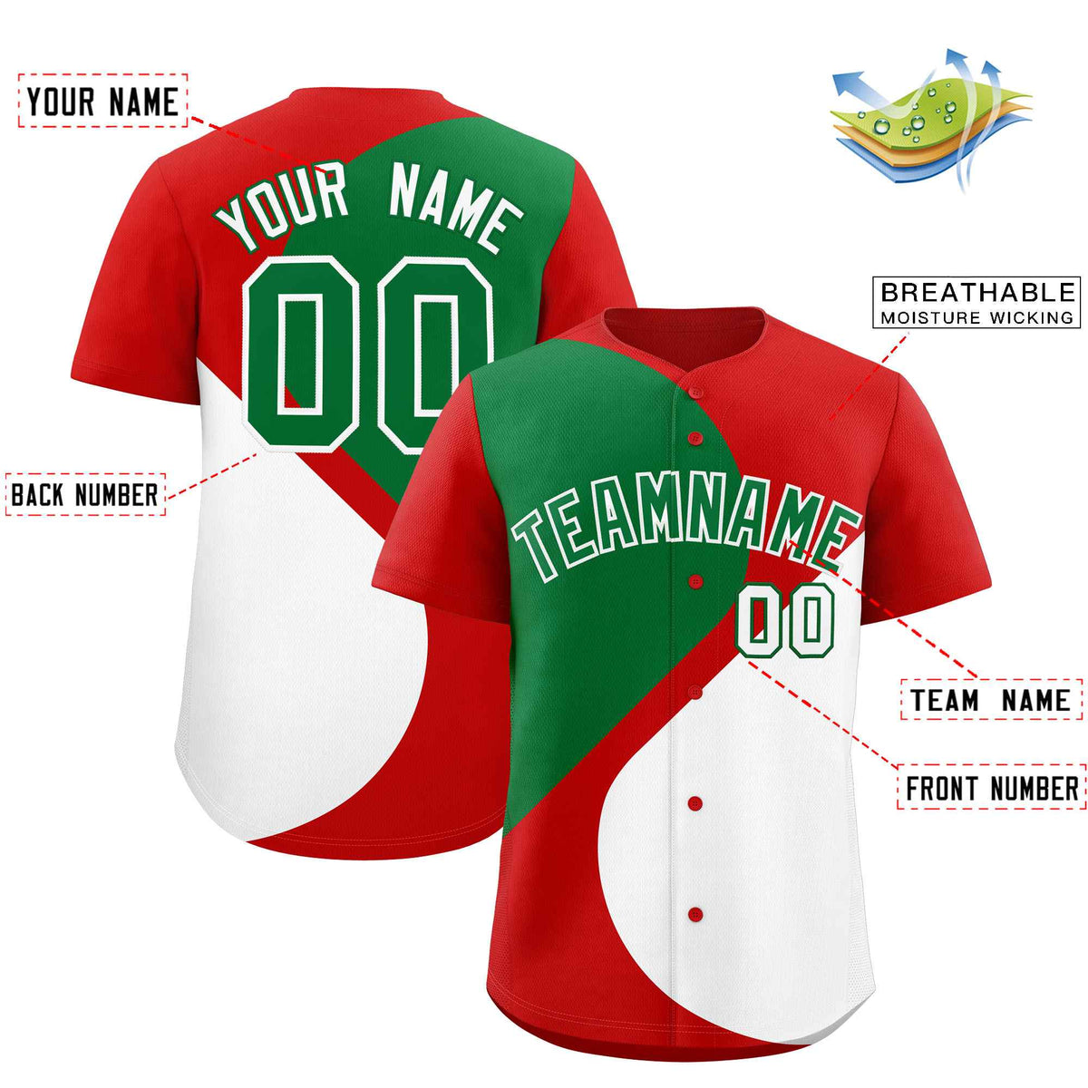 Custom Red Kelly Green-White Color Block Personalized Half Heart Pattern Authentic Baseball Jersey